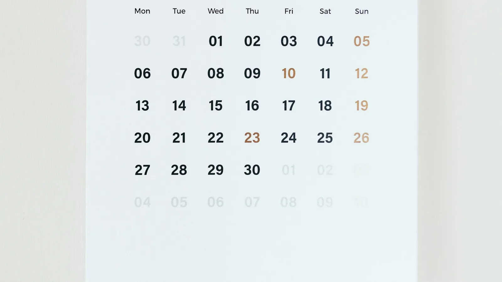 A month grid on a wall calendar